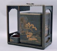 A 19TH CENTURY JAPANESE LACQUER PICNIC BOX with gilt decoration, the box containing four stacking