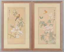 A PAIR OF CHINESE PAINTINGS ON SILK, one depicting a bird and flora, inscribed and with three red