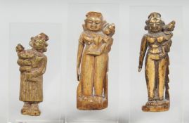 THREE 17TH/18TH CENTURY SOUTH INDIAN BONE CARVINGS, each depicting a mother and child, mounted to