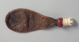 A RARE 18TH CENTURY TURKISH OTTOMAN LEATHER FLASK, with bone lid inlaid with cintamani designs, 23cm