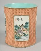 A CHINESE CORAL RED AND TURQUOISE PORCELAIN BRUSH POT, the exterior with carved basket weave pattern