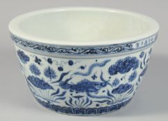 A CHINESE BLUE AND WHITE PORCELAIN BOWL decorated with fish and aquatic flora, the rim bearing six-