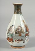 A SMALL JAPANESE PORCELAIN BOTTLE VASE, the body decorated with a social scene of figures in an