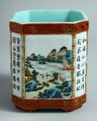 A CHINESE SQUARE FORM PORCELAIN BRUSH POT, decorated with landscape scenes and panels of