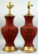 A PAIR OF CHINESE CINNABAR LACQUER LAMPS, the body of each with figures in a landscape with