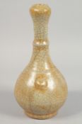 A CHINESE CRACKLE-GLAZE BOTTLE VASE, with moulded twin handles, 28cm high.