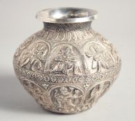 A FINE 19TH CENTURY SOUTH INDIAN SOLID SILVER LOTA VASE, with embossed decoration depicting Vishnu