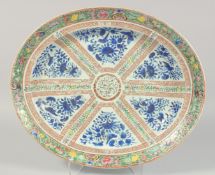 A LARGE ISLAMIC MARKET CANTONESE FAMILLE ROSE PORCELAIN OVAL DISH, painted with panels of flora