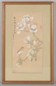 A CHINESE PAINTING ON SILK, depicting a bird and native flora, inscribed and with three red seals,