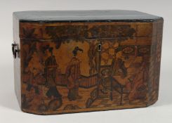 AN 18TH CENTURY CHINESE LACQUERED WOOD CASKET, decorated with figures in a courtyard, with two