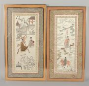 TWO CHINESE EMBROIDERED SILK PANELS, one depicting a dancing female figure with another female