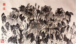 A CHINESE PAINTING OF FLORAL DECORATION - HUANG ZHOU - the scroll section painted with inkwork /