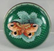 A SMALL JAPANESE CLOISONNE CIRCULAR BOX AND COVER, enamelled on silver, the lid decorated with a