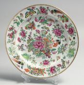 A CHINESE CANTON FAMILLE ROSE PORCELAIN PLATE, painted with flowers, fruit and butterflies, 23cm