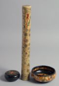 THREE INDIAN KASHMIRI LACQUERED ITEMS, comprising a large pen box, a bowl and a circular lidded box,