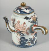 AN 18TH CENTURY JAPANESE EDO PERIOD IMARI PORCELAIN LIDDED CHOCOLATE POT, painted with native