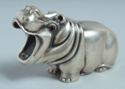 A RUSSIAN SILVER YAWNING HIPPO. Mark: Head & 84, eagle, I P & Faberge mark. 7.5cm long.