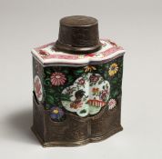 A 19TH CENTURY SAMSON OF PARIS TEA CANISTER with silver mount. 4.5ins high.