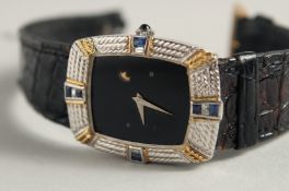 A GENTLEMAN'S 18K WHITE GOLD SAPPHIRE SET WRISTWATCH with leather strap. No. 1631 185 0.750