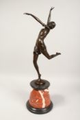 AFTER B. ZACH. A BRONZE DANCER on a marble base. Signed. 26ins high.