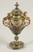 A GOOD 19TH CENTURY FRENCH CHAMPLEVE ENAMEL TWO HANDLED BRONZE URN AND COVER with winged eagle