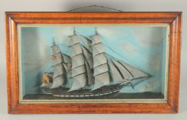 A LARGE 19TH CENTURY SAILING DIORAMA, depicting a three masted sailing ship, with painted background