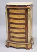 A FRENCH STYLE KINGWOOD, BURRWOOD, MARBLE AND ORMOLU SEVEN DRAWER CHEST OF SERPENTINE OUTLINE, the
