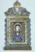 A SUPERB QUALITY GILT AND ENAMEL ICON, the metal frame with cupids and crown. 4ins x 2ins overall in