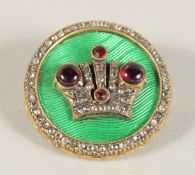 A GOOD RUSSIAN FABERGE CIRCULAR DIAMOND SET BROOCH with a crown. 2.5ins diameter. Mark: Head, 84 and