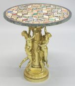 A VERY GOOD GILT BRONZE CIRCULAR MARBLE TOP TABLE, the top inset with various coloured marbles on