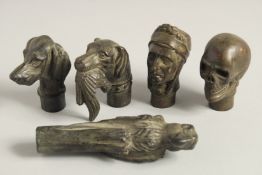 FIVE VARIOUS BRONZE WALKING STICK HANDLES, SKULL, HEAD, PARROT, AND DOGS.