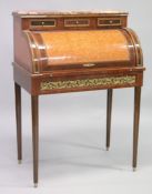 A FRENCH STYLE MAHOGANY MARBLE AND ORMOLU ROLL TOP DESK with fitted interior, three small drawers