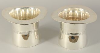 A PAIR OF SILVER PLATED TOP HAT WINE COOLER.