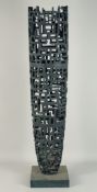 A LARGE ABSTRACT BRONZE OF A PIERCED CIRCULAR DESIGN on a square base. 3ft 9ins high.