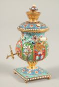 A SMALL RUSSIAN SILVER GILT AND ENAMEL SAMOVAR. 4ins.