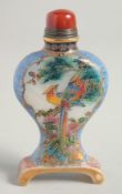 A CHINESE PORCELAIN SNUFF BOTTLE AND COVER with birds and flowers. 9cm high.