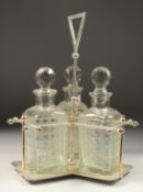 A SILVER PLATED THREE BOTTLE DECANTER STAND.