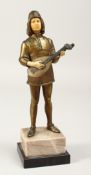 A 19TH CENTURY BRONZE STANDING MAN, playing a mandolin with bone face and hands. 10.5ins high.