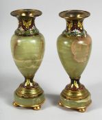A GOOD SMALL PAIR OF ONYX AND CLOISONNE ENAMEL VASES with gilt mounts. 6.5ins high.