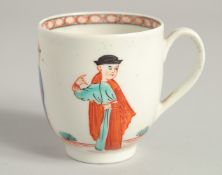 AN 18TH CENTURY WORCESTER COFFEE CUP painted with three Oriental figures and an inner cell border,