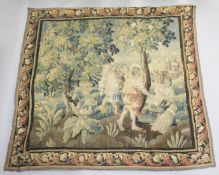 A GOOD LARGE 18TH CENTURY AUBUSSON TAPESTRY WALL HANGING with three central figures carrying sheaves