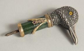 A FABERGE SILVER JADE AND DIAMOND DUCK HANDLE 3ins long.