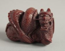A CARVED WOOD NETSUKE, DRAGON. 2ins.