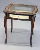 A VERY GOOD 19TH CENTURY FRENCH KINGWOOD SQUARE BIJOUTERIE TABLE with ormolu mounts, silk