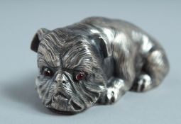 A RUSSIAN SILVER BULL DOG. Mark: Head & 84, eagle, I P & Faberge mark. 6.5cm long.
