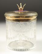 A FABERGE GLASS JAR with silver gilt lid with a swan. 6ins high. Mark 84, Faberge mark.