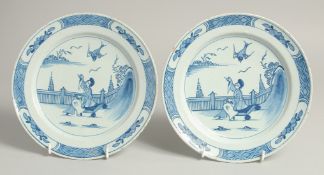 A GOOD PAIR OF 18TH CENTURY BLUE AND WHITE PLATES with Chinese design. 8.5ins diameter.