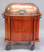 AN UNUSUAL FRENCH STYLE COPPER, BRASS AND LACQUERED WOOD HOTEL STYLE SERVING TROLLEY. 2ft 10ins long
