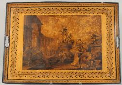 A GOOD LARGE 19TH CENTURY TOLEWARE RECTANGULAR TRAY with two handles. 30ins long x 25ins wide.