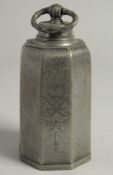 A 17TH CENTURY PEWTER OCTAGONAL CAN AND COVER, dated 1707. 7ins high.